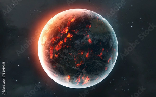 Obraz 3D illustration of The last seconds of the planet Earth dying in fire, fire and lava across the entire surface. High quality digital space art in 5K - ultra realistic visualization.