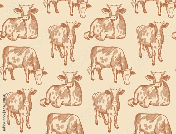 Obraz vintage detailed hand drawn cow pattern