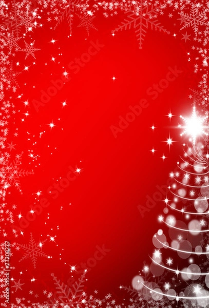 Fototapeta Christmas red background with snowflakes frame and Christmas tre