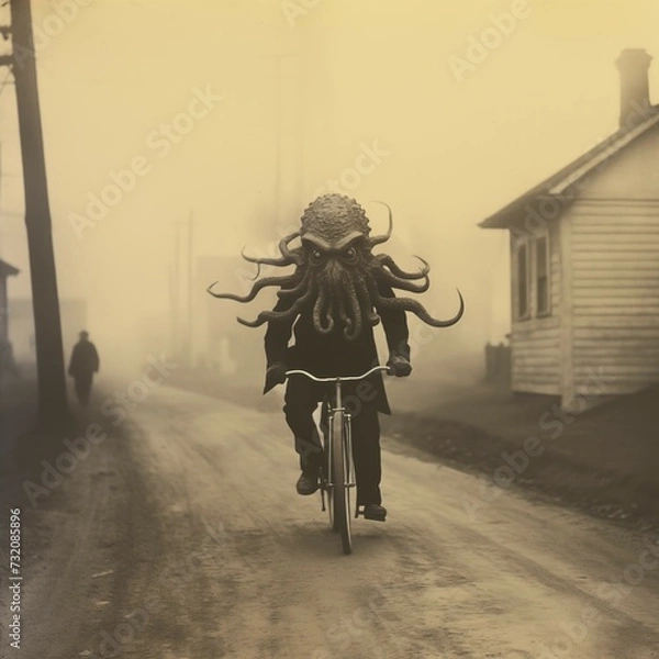 Fototapeta quirky vintage print of chtulhu riding a bicycle, black and white photography, sepia print, funny art, chtulhu print, monster print, antique