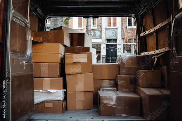 Fototapeta Van is filled with a large number of cardboard boxes. Densely packed boxes for delivery or transport