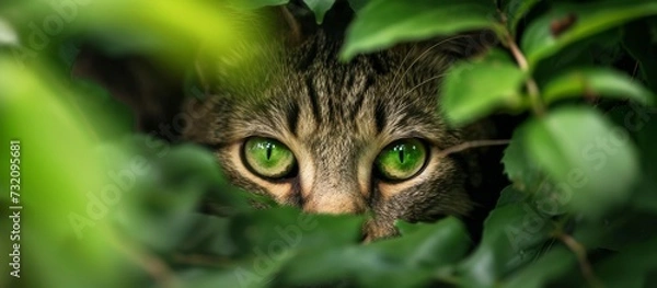 Fototapeta A small to medium-sized cat from the Felidae family, a carnivore, with green eyes, is peeking out from behind some leaves.