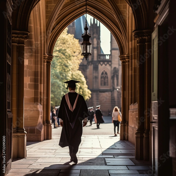 Fototapeta Graduate Walking Through Historic University Archway on Commencement Day