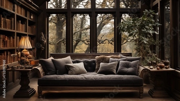 Fototapeta Classic library room with a hidden sofa bed for a cozy reading nook.