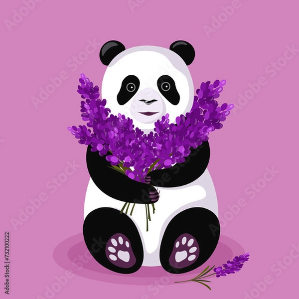 Fototapeta Happy birthday with flowers, lavender flowers, congratulations, cute panda with flowers .illustration, vector.