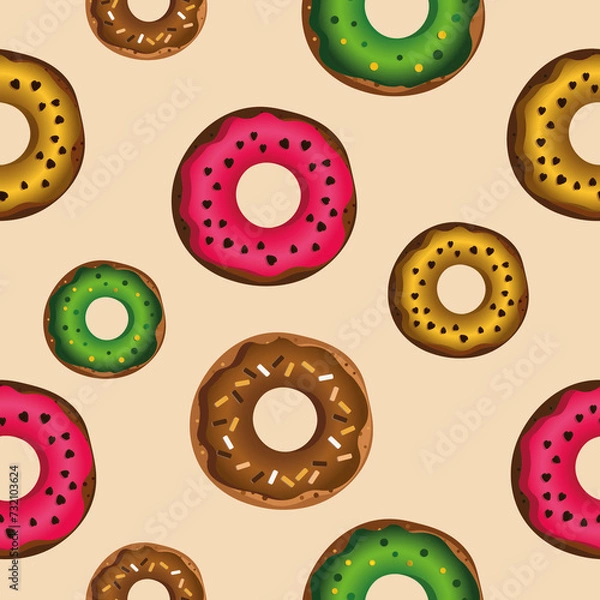 Fototapeta Bright seamless pattern of colored donuts. Fashionable print for clothes, bedding and fabric