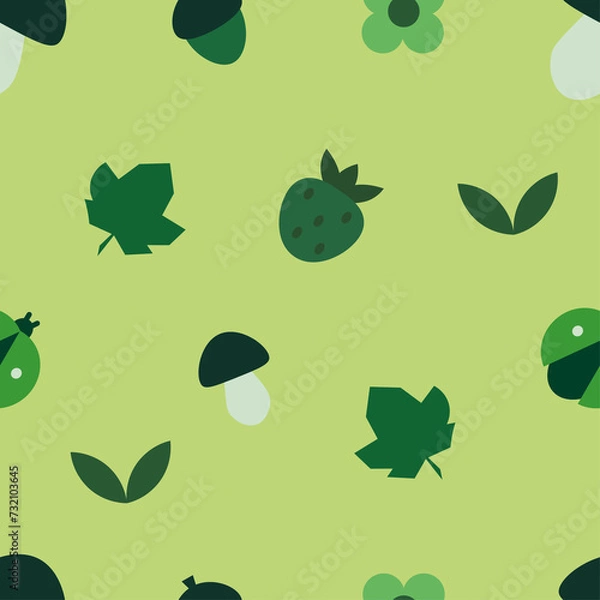 Fototapeta seamless pattern with green: berries, mushrooms, flowers, leaves, acorns, beetles