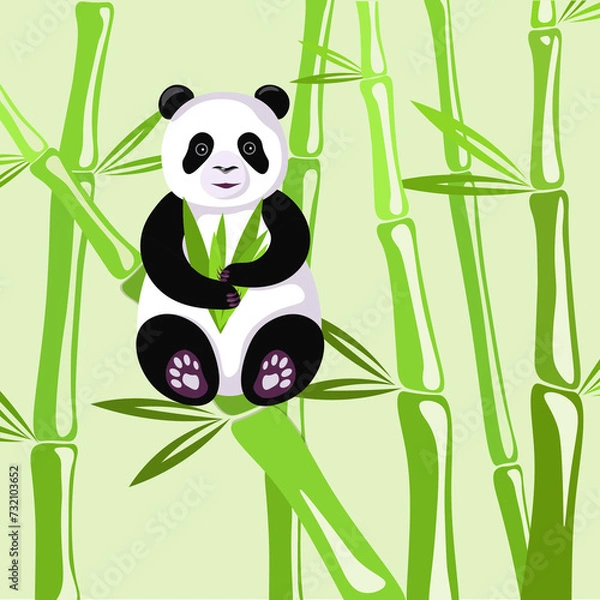 Fototapeta Cute panda and bamboo on a green wallpaper, panda is eating bamboo leaves, cute and funny panda, cute animal.