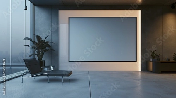 Fototapeta A sleek, high-tech TV hall with a minimalist design, where an empty canvas frame is set against a backlit, frosted glass wall, creating a subtle, modern ambiance.