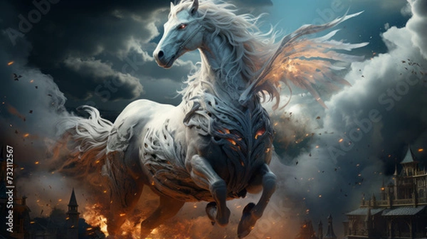 Obraz Dynamic Equine Adventure: A Whimsical Vector Illustration of a Majestic White Stallion Galloping in Nature's Playground!, generative AI