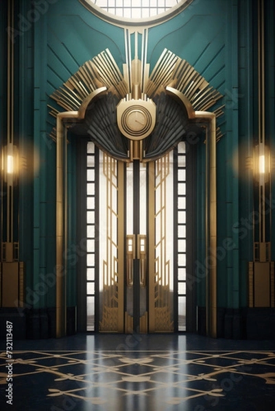 Fototapeta Photo realistic gold and turquoise art deco building door entrance 