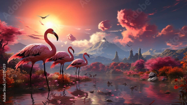 Obraz Beautiful Flamingo Silhouette in Tropical Wildlife: A Lovely Vector Illustration of Exotic Pink Bird, generative AI