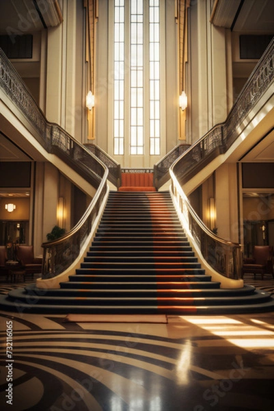 Fototapeta Photo realistic art deco building interior stairs with large stained glass window in the background