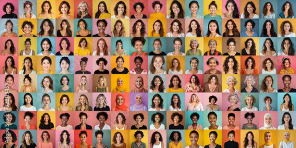 Fototapeta Composite portrait of headshots of different smiling  women from all genders and age, including all ethnic, racial, and geographic types of women in the world on a colorful flat background