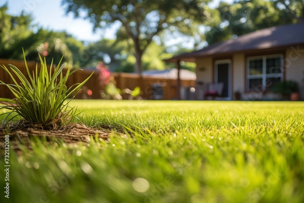 Obraz Close-Up of Fresh Cut Grass with Florida Home and Lawn in Background