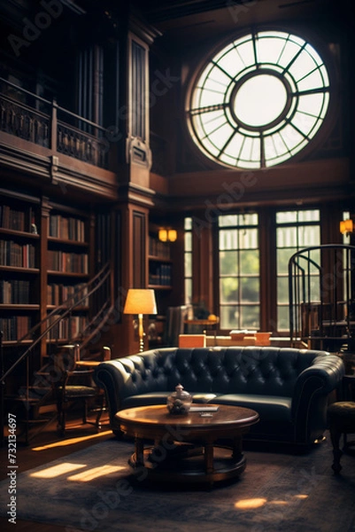Fototapeta Photo realistic art deco private library with two floors and big circular window