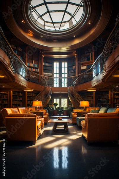 Fototapeta Photo realistic art deco private library with two floors and huge skylight