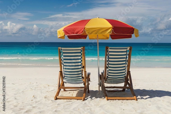 Fototapeta Relaxing beach scene. Two chairs and umbrella on beautiful white sand beach, sunny day by the ocean.