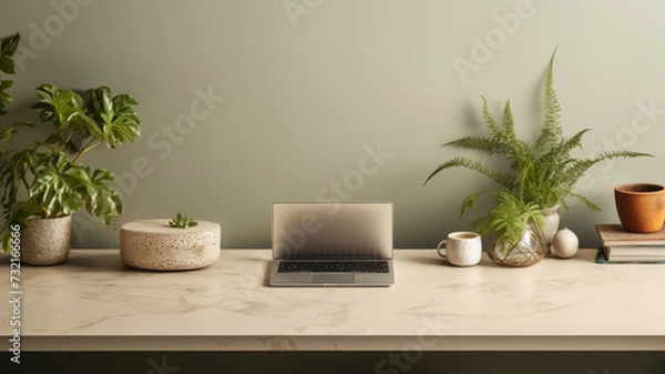 Fototapeta Modern office desk mockup with laptop, coffee cup, green plant - minimalist style and soft lighting