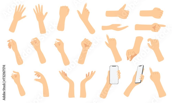 Fototapeta Hands pose, Hand holding mobile phone, palm pointing at something on white background. vector set in flat style isolated.