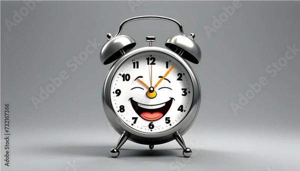 Fototapeta A smiling cartoon alarm clock, ringing with enthusiasm on a sleek grey background
