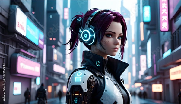 Fototapeta Cartoon-style 3D character in cyberpunk style, immersed in a futuristic cityscape
