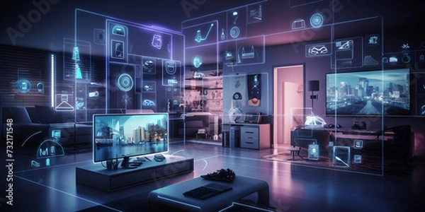 Fototapeta glowing, modern smart room with decent glowing LED lights, smart home interior Smart Home Security and Automation