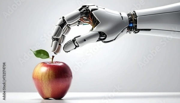 Fototapeta artificial intelligence robotic hand holding an apple