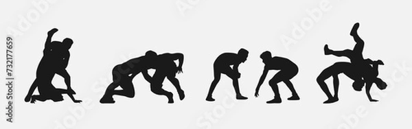 Fototapeta collection of silhouettes wrestling with different pose, gesture. isolated on white background. vector illustration.
