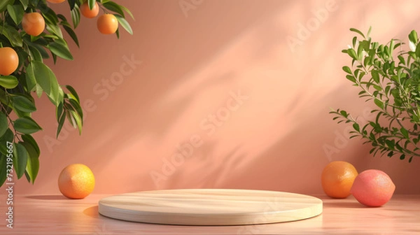 Fototapeta Wooden product display podium on a pastel pink background is decorated with lemons and orange tree for displaying natural products, cosmetics, drinks