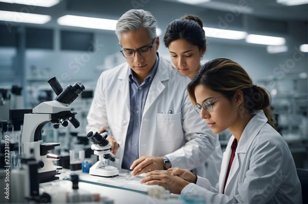 Obraz Health care researchers working in life science laboratory. Young female research scientist and senior male supervisor preparing and analyzing microscope slides in research lab.