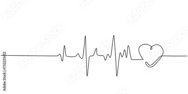 Fototapeta heart pulse Continuous one line drawing. Heartbeat cardiogram healthcare concept. Vector illustration single sketch outline.