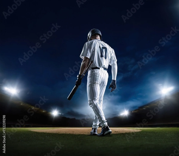 Fototapeta Baseball Batter walking up to home plate at a Baseball stadium ready to hit a home run during a baseball game at night under the stadium lights. Generic Baseball concept photo