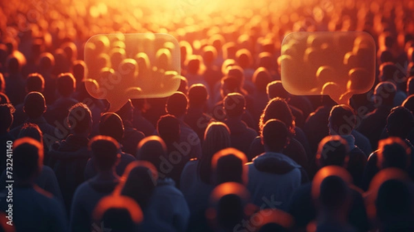 Fototapeta Public Opinion Concept with Large Group of People and Comment Bubbles, Social Media Interaction Among Community, Collective Thoughts Representation, 3D Illustration of Communication in Society