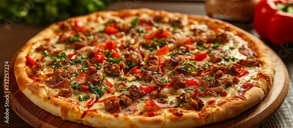 Fototapeta A delicious pizza with a perfect blend of ingredients and cheese is placed on a wooden cutting board, awaiting to be enjoyed as a delectable dish at the table.