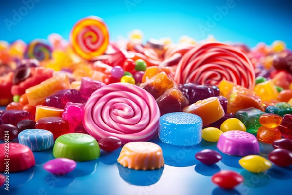 Fototapeta Set of various and colorful candies and sweets background