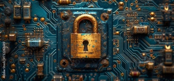 Fototapeta Golden padlock on a circuit board, concept of cybersecurity