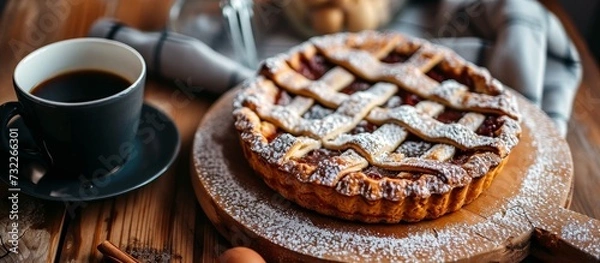 Fototapeta A comforting dessert of pie sits on a wooden cutting board alongside a cup of coffee, creating a delicious combination of flavors.