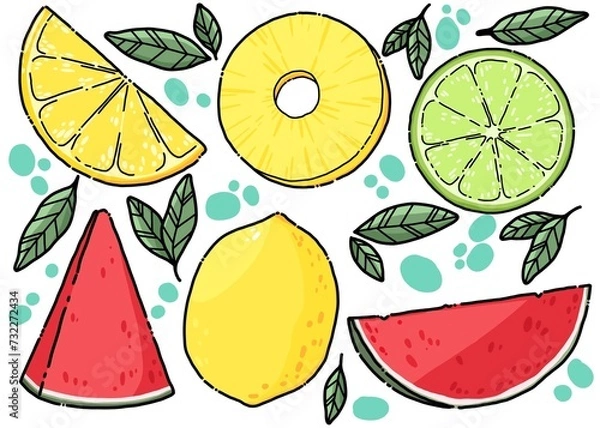 Obraz fruit set. Fruit Collection with watermelon, pineapple, lime, lemon in Illustration. hand draw Illustration. Fruit icon.