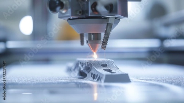 Fototapeta Close-up of a 3D printing process using Direct Metal Laser Sintering to fabricate a detailed metal mechanical part with advanced manufacturing technology.