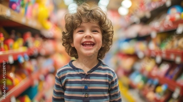 Fototapeta Radiant smile of a curly-haired child enjoying the colorful excitement of a toy store, dressed in a casual striped shirt, epitomizing the infectious joy of a fun day out.