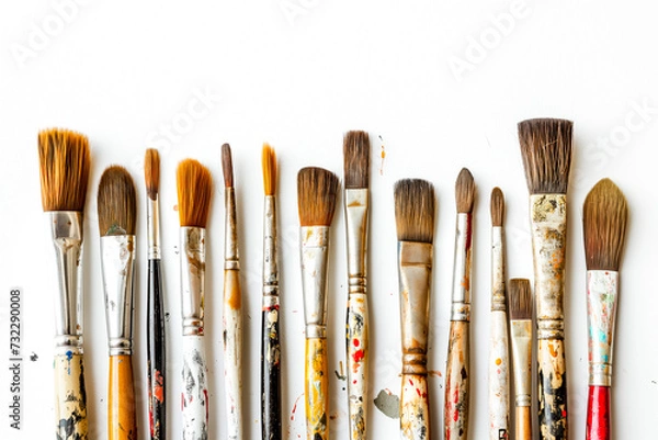 Fototapeta Assorted Used Paint Brushes on White Background