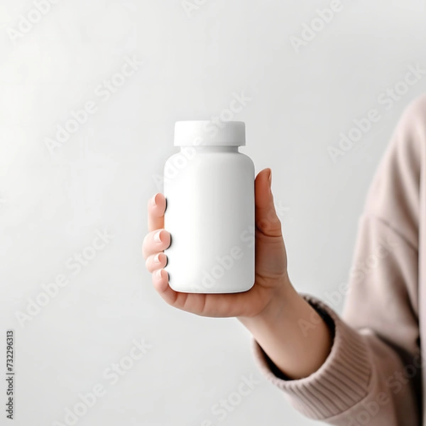 Obraz A mockup of a blank supplement bottle in woman hand holding on a clean white background