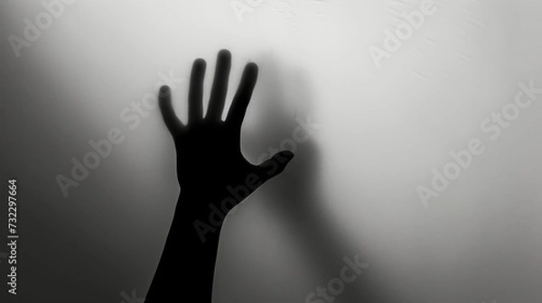 Fototapeta Hand silhouette on grey background. Blurred human hand shape out of focus