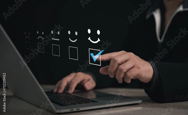 Fototapeta Client or consumer rating service experience on online application. customer review satisfaction feedback survey, evaluating service quality, and its impact on a business's reputation ranking	