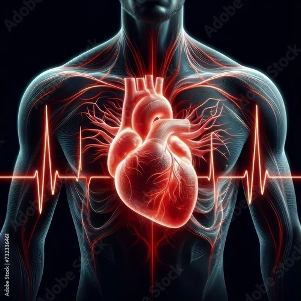 Fototapeta Abstract human heart shape with red cardio pulse line. Creative stylized red heart cardiogram with the human heart on a black background