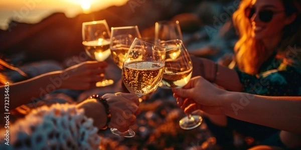 Obraz A clique of female friends clink glasses of chardonnay during sundown. Close-up.