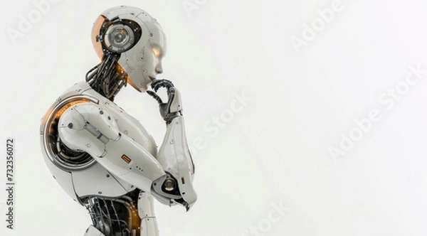 Fototapeta banner thoughtful white robot think or cyborg. concept of technology, androids, artificial intelligence, computer science, course advertising. mock-up, space for text idea