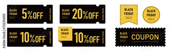 Fototapeta ブラックフライデーセールに使える黒と黄色のクーポンベクターデザイン素材セットB