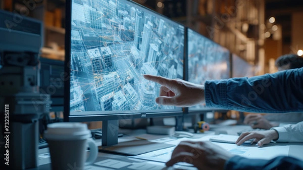 Obraz Construction. professional architect, engineer or interior hand working on virtual digital blueprint on computer in office center at construction site, technology, contractor, engineering concept